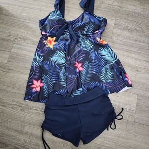 Navy Tropical Tankini Swim Top with Navy Swim Shorts